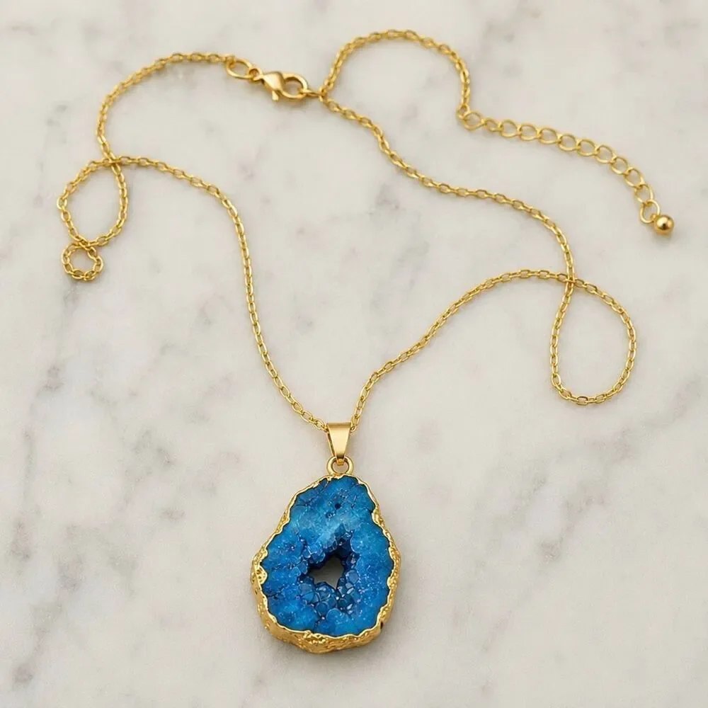 Raw Blue Agate Pendant Necklace Gold Tone Freeform Quartz Short Chain